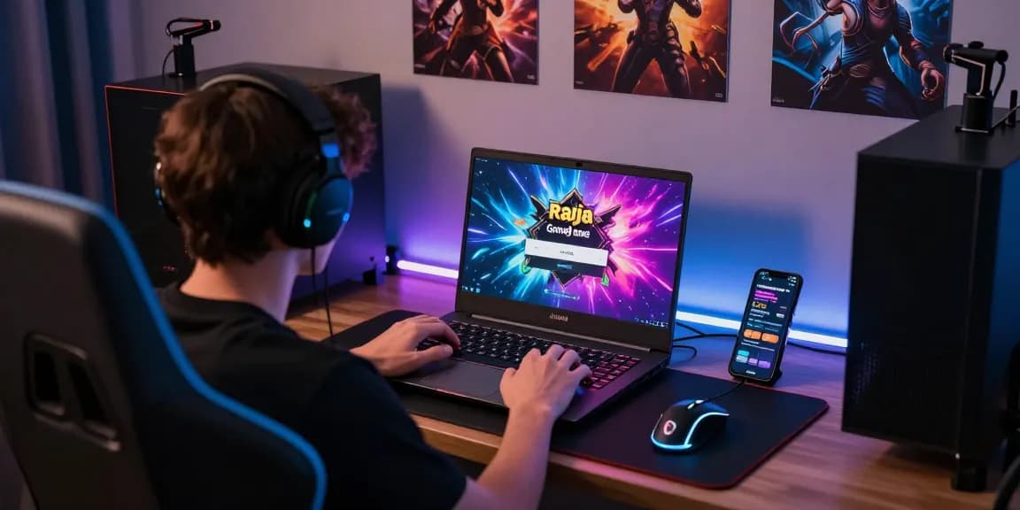 Engaged user at Raja Game login interface on a vibrant gaming setup.