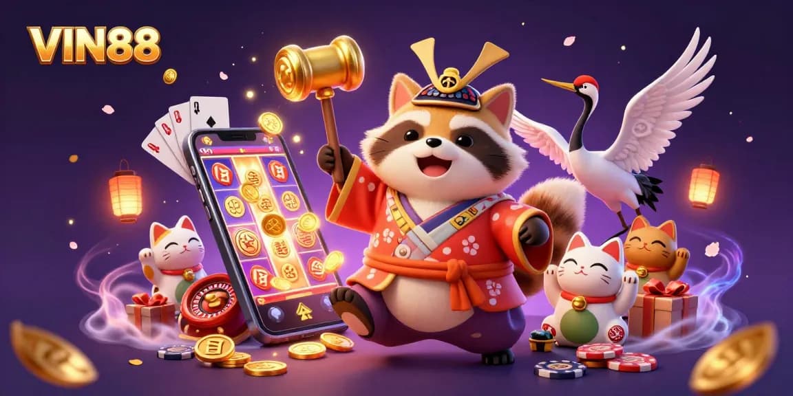 Engage with VIN88 through this rich 3D illustration showcasing vibrant casino elements and characters.