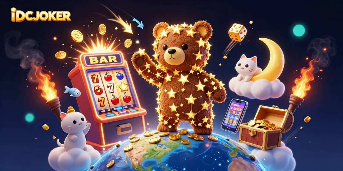 IDCJOKER brings excitement with a bear scooping gold coins under a starry sky in a lively casino scene.