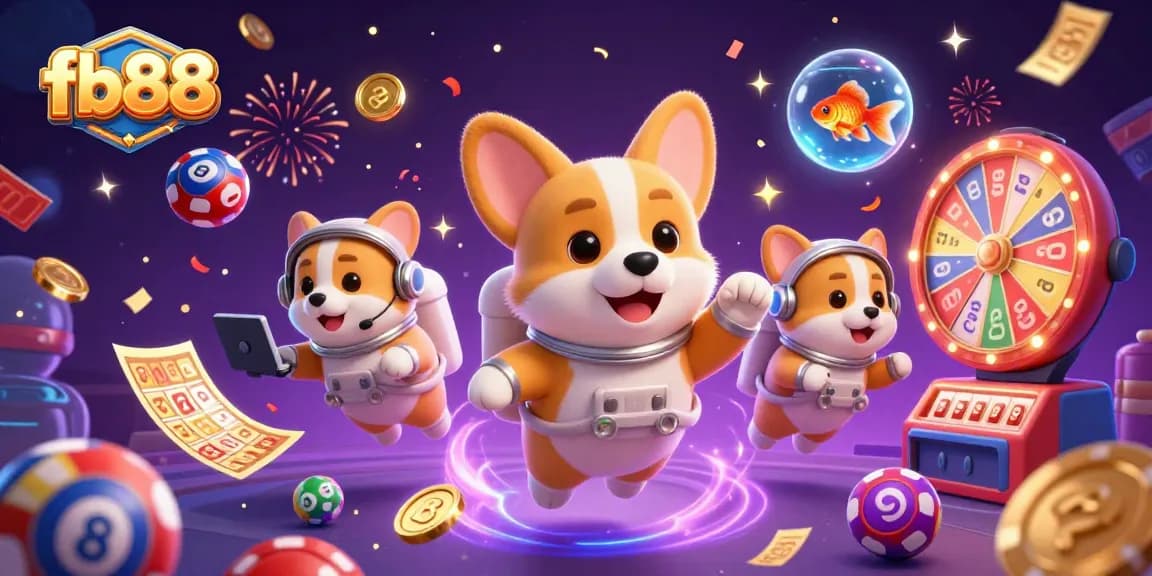 Engage in thrilling gaming action with fb88, marveling at vibrant floating elements and energetic characters.