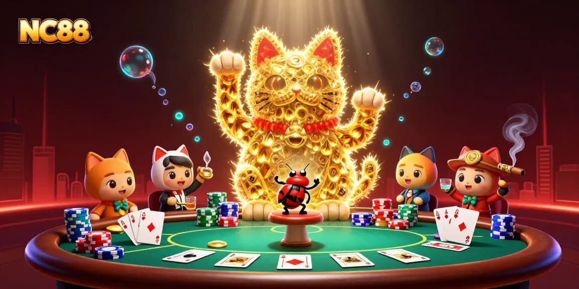 Experience NC88's vibrant casino magic with a golden lucky cat and colorful poker elements in this lively 3D rendering.
