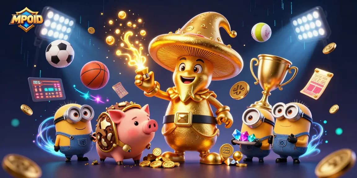 Experience the magic of MPOID as a golden mushroom wizard turns games to gold amid a vibrant casino scene.