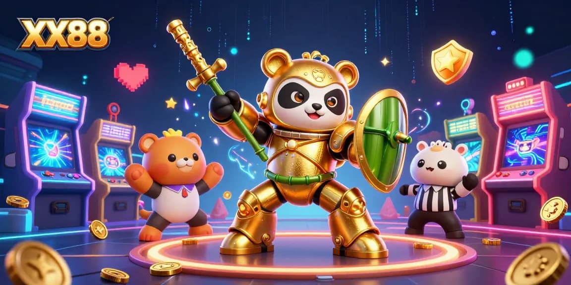 Engage with XX88's vibrant gaming arena featuring a mech-suit panda and dynamic arcade elements.