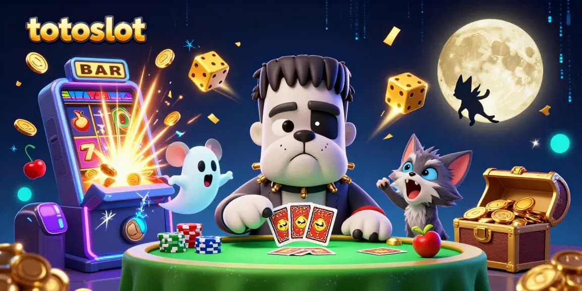 Engage with totoslot action at a spooky casino scene featuring unique cartoon characters and dynamic game elements.