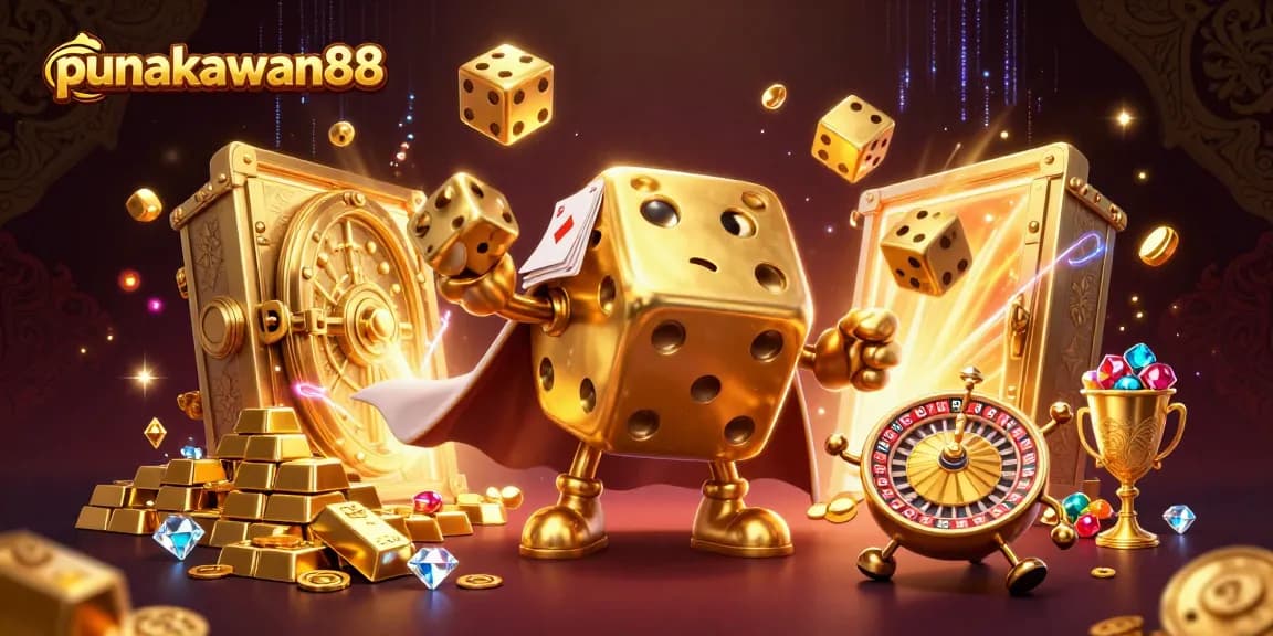 Punakawan88 showcases an exciting digital casino scene with golden dice characters among treasures.