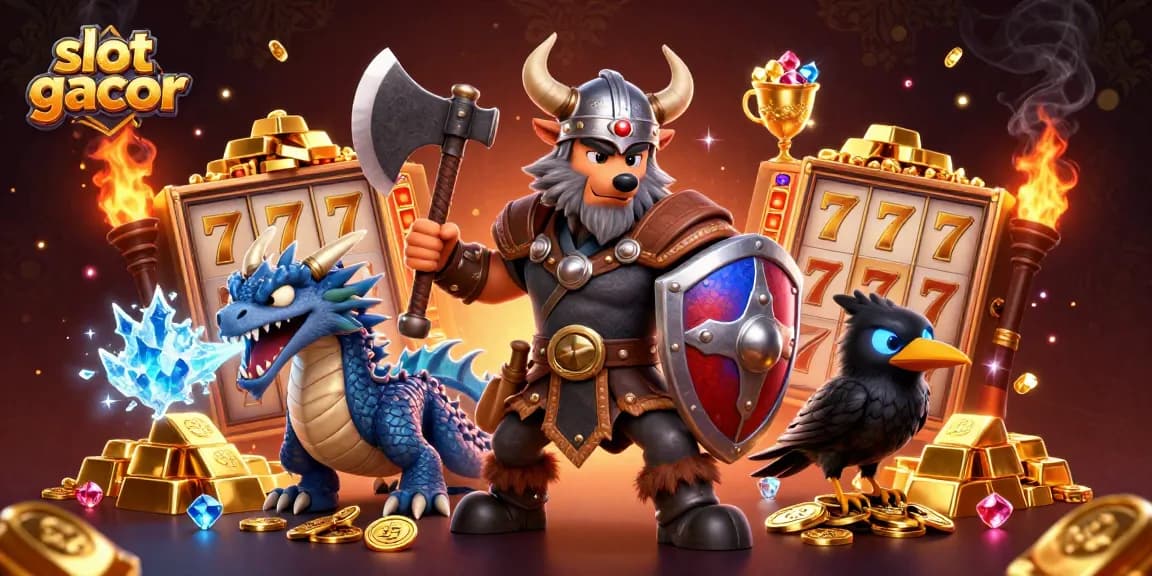 Engage with slot gacor's thrilling games featuring Viking warrior, dragon, and treasures.