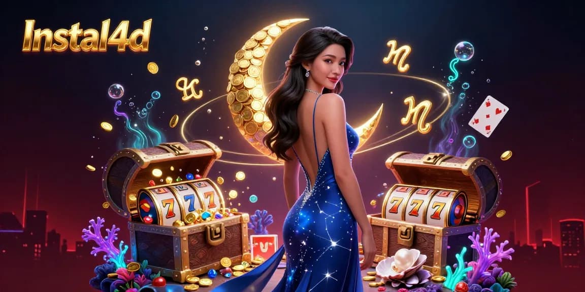 Experience the thrill of winning with Instal4d's dynamic casino illustration featuring vibrant slot reels and gems.