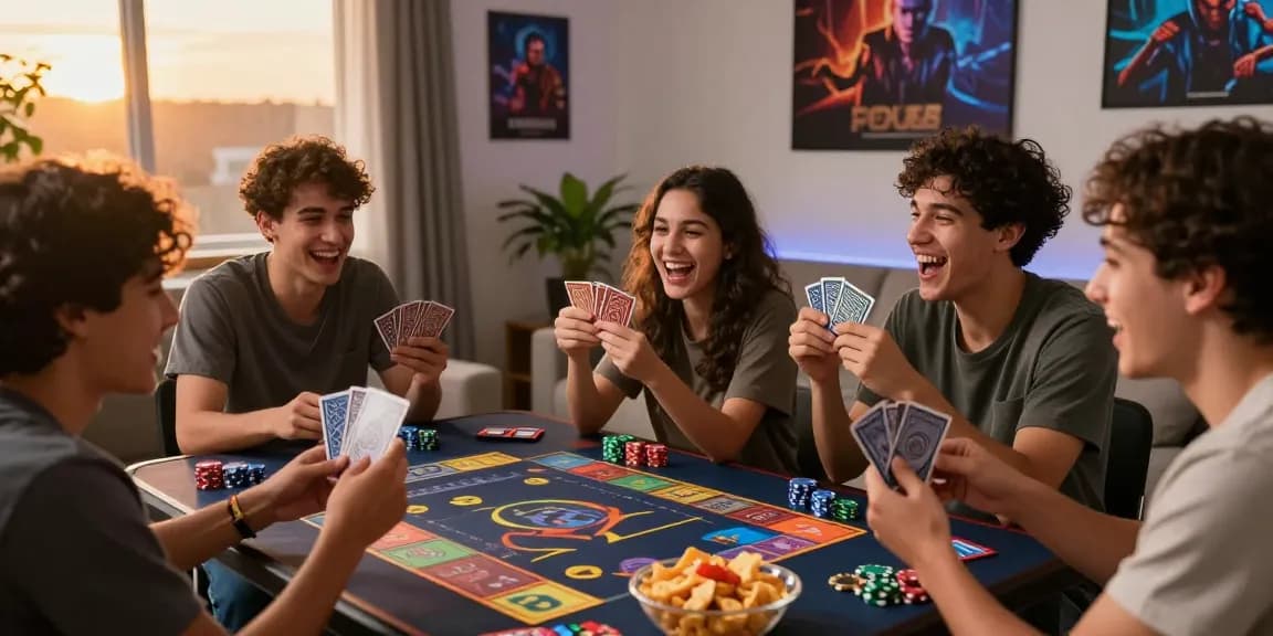 Friends enjoying a thrilling game bài đổi thưởng with cards and chips, showcasing excitement.