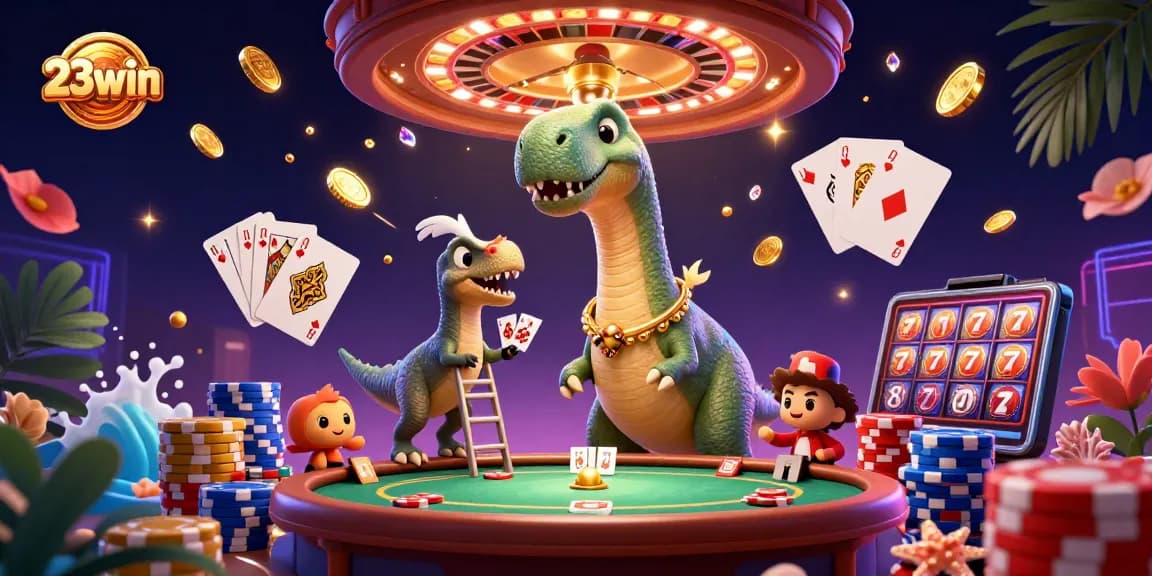 Experience excitement at 23win with a vibrant casino scene featuring a whimsical dinosaur and raptor.