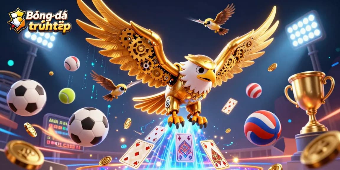 Bóngđátrựctiếp promotes thrilling sports betting with vibrant 3D illustration of dynamic soccer and football elements.