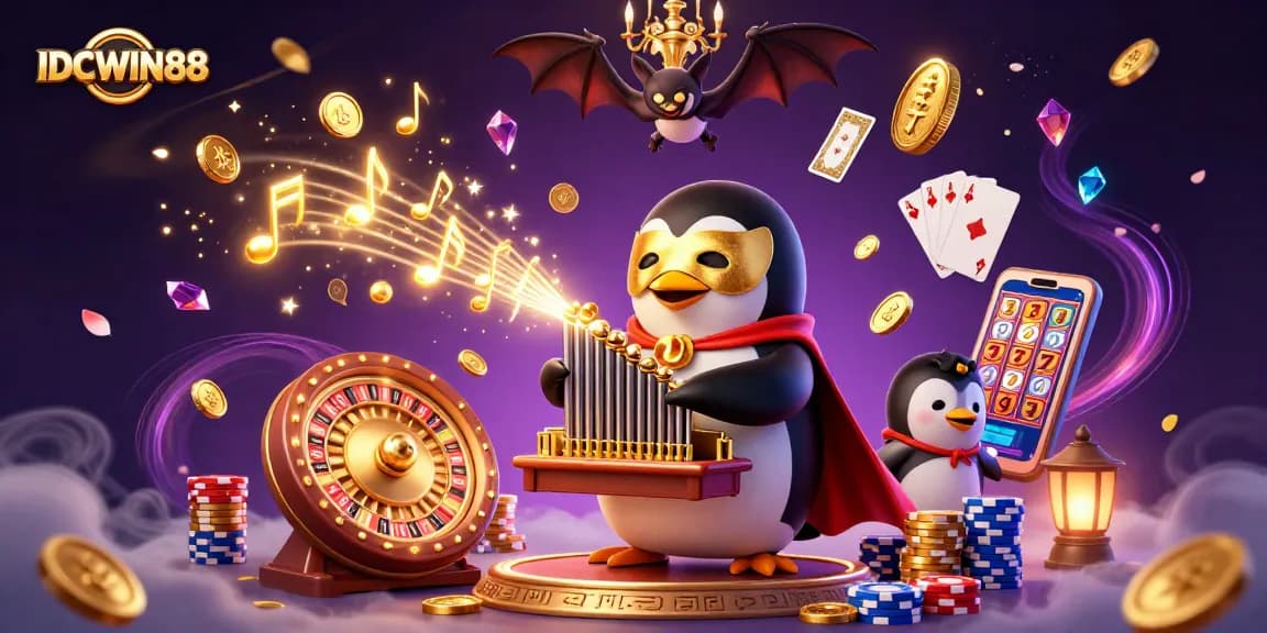 Experience fun with IDCWIN88 as the phantom penguin plays slots and wins golden coins!