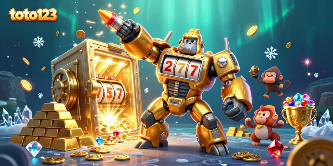 Win big with toto123's thrilling 3D golden gorilla mech illustration showcasing jackpot excitement.