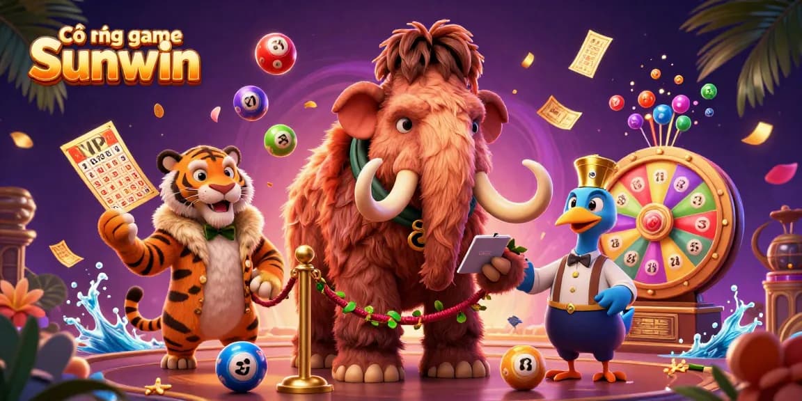 Cổng game Sunwin features vibrant cartoon characters at a casino entrance celebrating with lottery elements, showcasing a thrilling gaming experience.