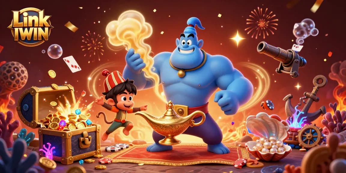 Engage with exciting casino action using Link IWIN, featuring a genie and magical poker chips in 3D.