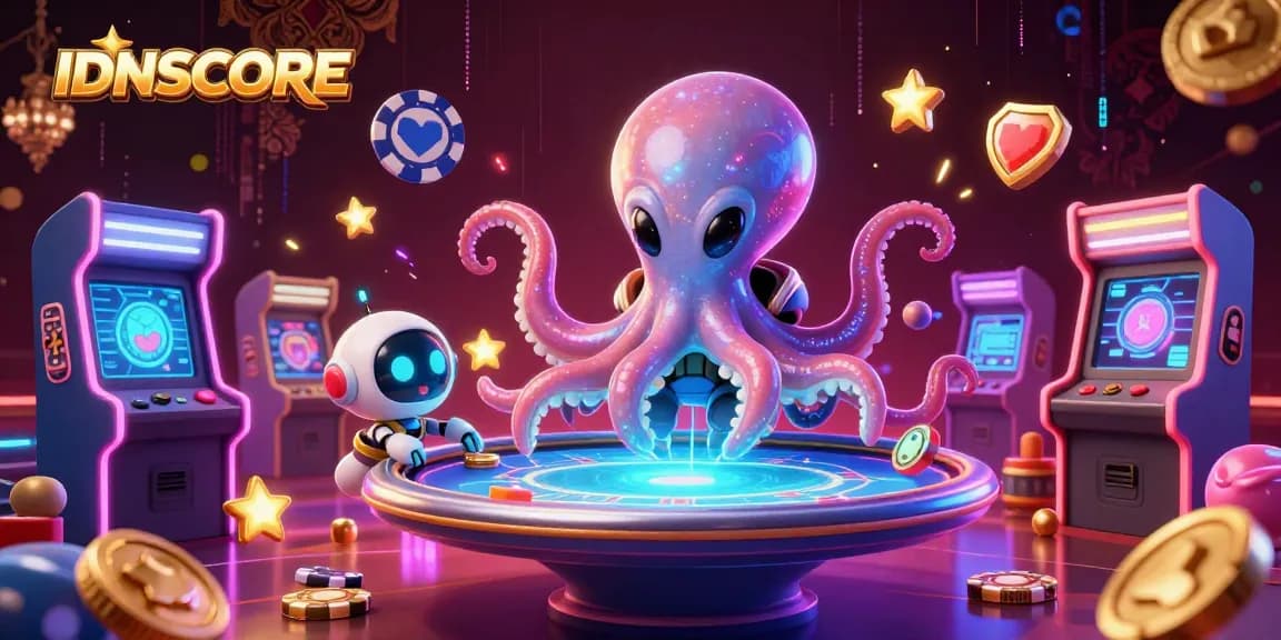 IDNSCORE octopus at poker table with games and colorful casino elements around.