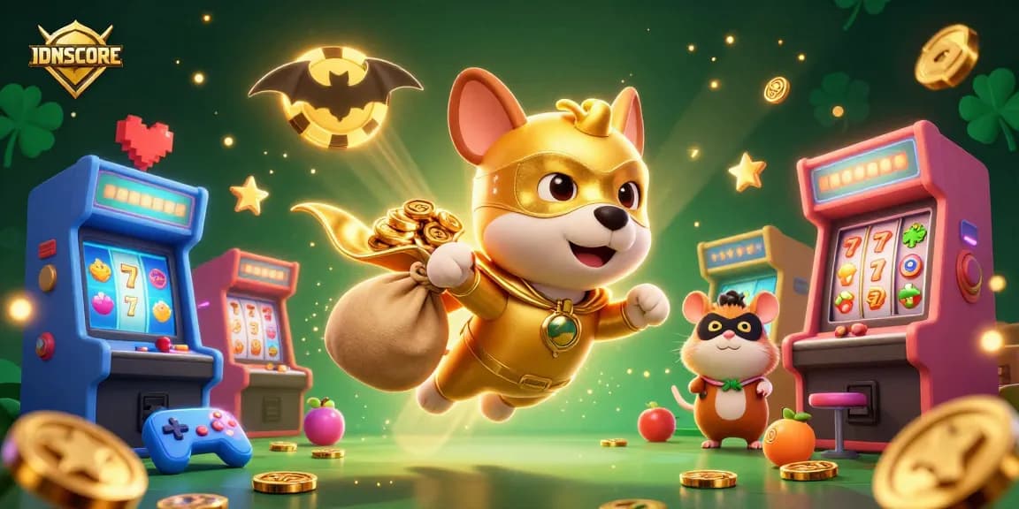 IDNSCORE showcases thrilling online gaming experiences with vibrant graphics and engaging characters in an animated casino setting