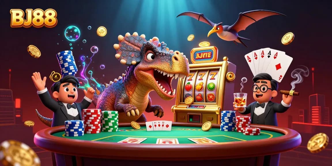 Experience the excitement at BJ88 as a dinosaur celebrates a jackpot win, amidst colorful gambling elements.