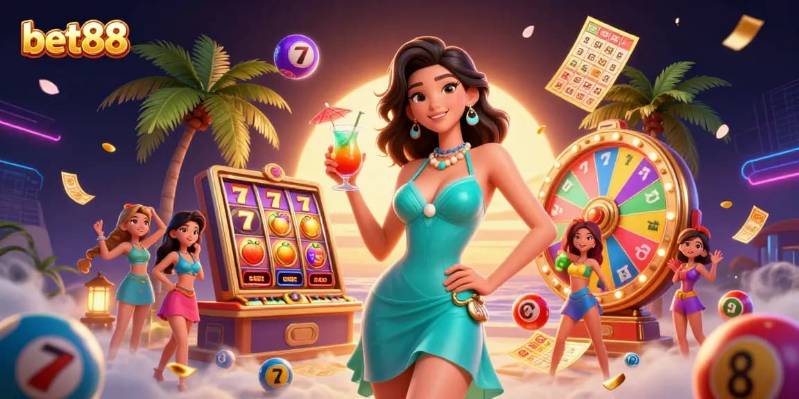 Experience the thrill of bet88 with our vibrant tropical casino illustration featuring exciting slots and games.