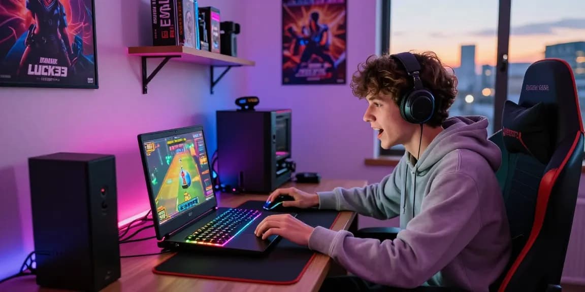 Youth enthusiastically playing luck-33 game in a dynamic gaming setup with vibrant lights and modern accessories.
