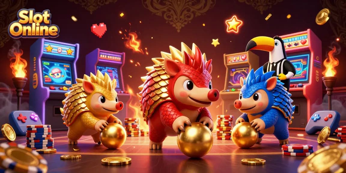 Experience intense Slot Online action with rival pangolins rolling through poker chips in this vibrant scene.