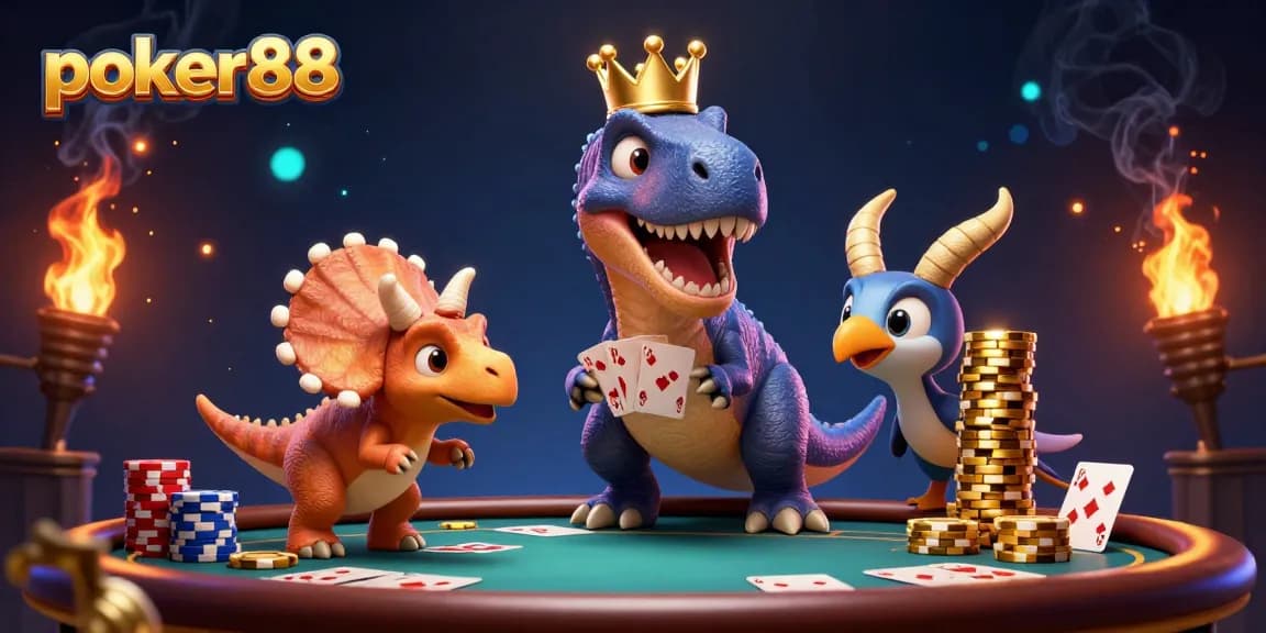 Menangkan poker88 dengan T-Rex lucu dan ptero mempertahankan permainan kartu di kasino online.