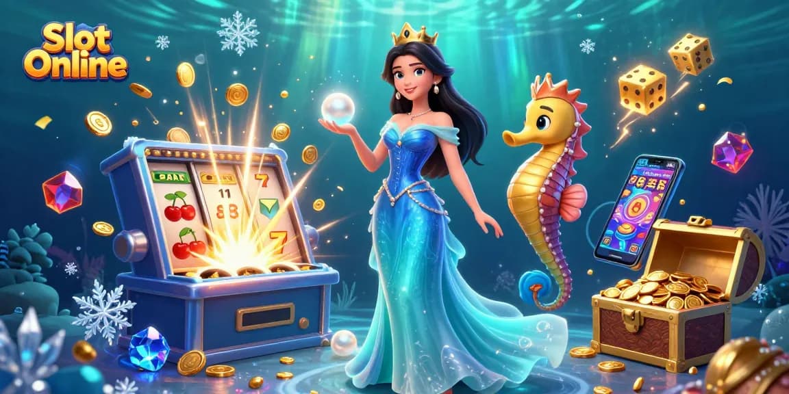 Spin to win at Slot Online with vibrant visuals of a slot machine and underwater treasures.