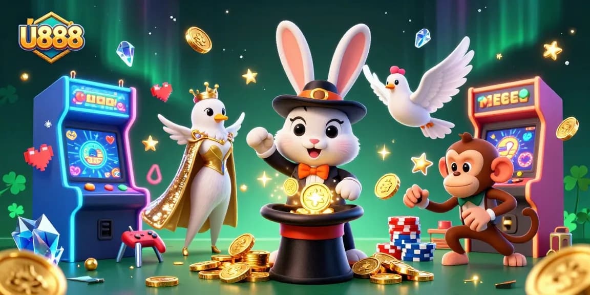 U888’s magical casino scene featuring a vivid rabbit, dove, and monkey amidst vibrant gaming elements.