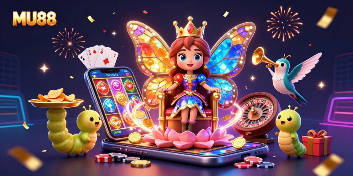 Play vibrant slots at MU88 with the colorful butterfly queen amidst spinning reels and confetti.
