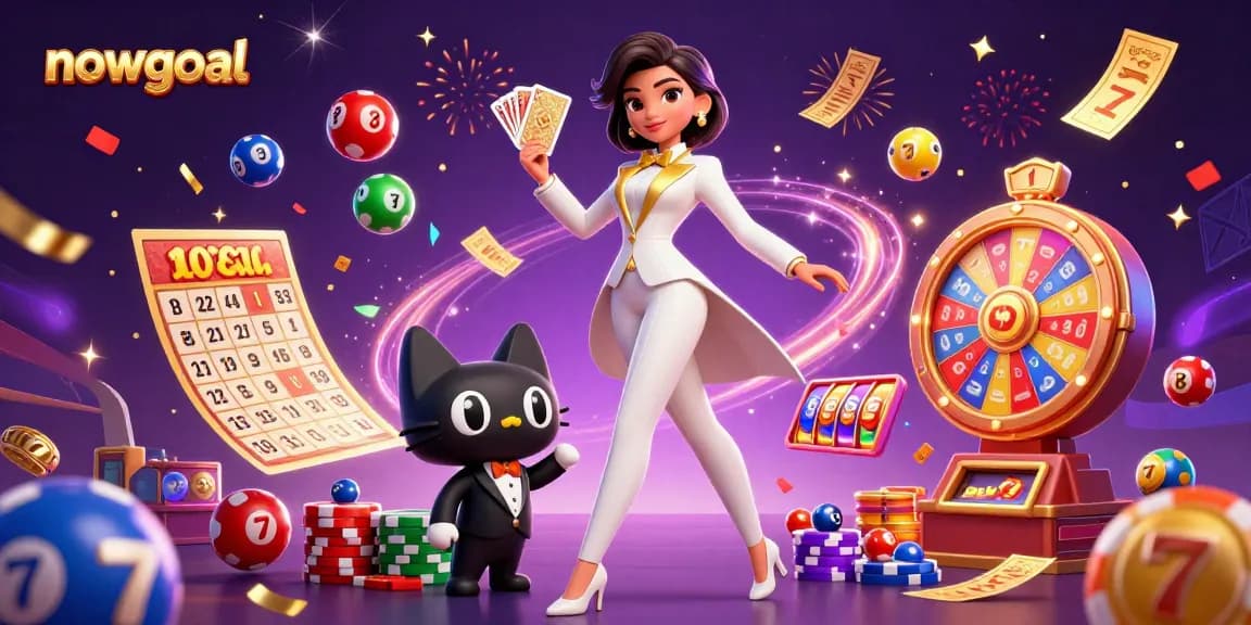 Engage in thrilling gameplay with nowgoal's vibrant casino illustration featuring exciting game elements and characters.