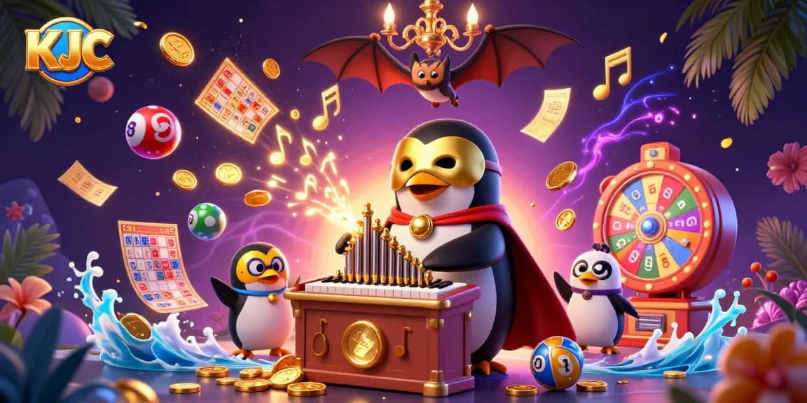 Experience KJC's exciting universe of prizes with a whimsical 3D casino illustration.