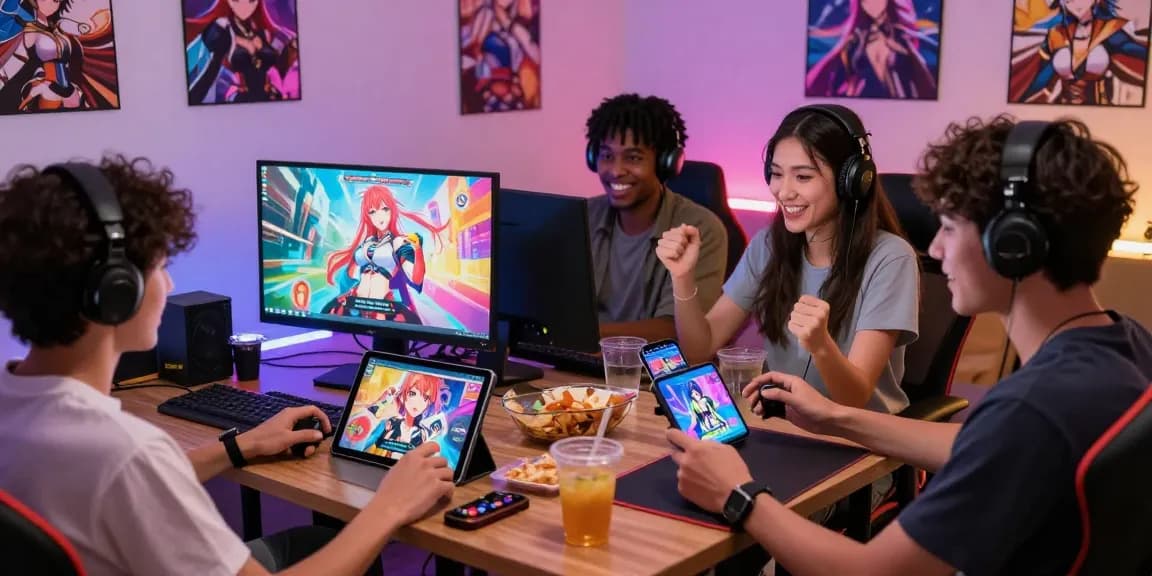 Engaged gamers enjoying interactive hentai games on multiple devices in a vibrant gaming room.