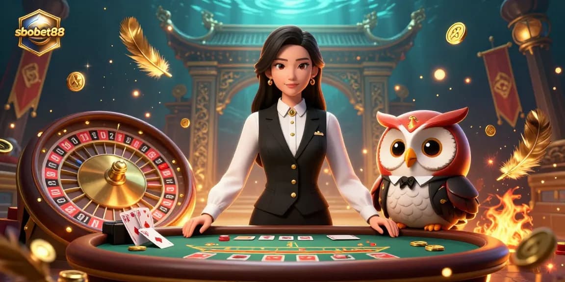 SboBet88 dynamic betting scene with an elegant dealer and owl assistant amidst casino elements.