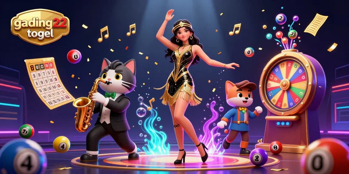 Engage in the excitement of gading22 togel with a lively 3D casino illustration showcasing dynamic lottery elements and festive characters.