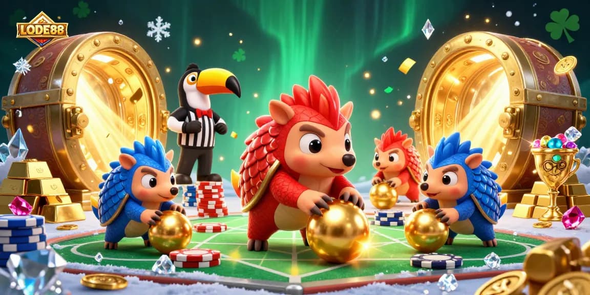 LODE88 pangolins compete in a vibrant casino setting, rolling golden balls past poker chips.