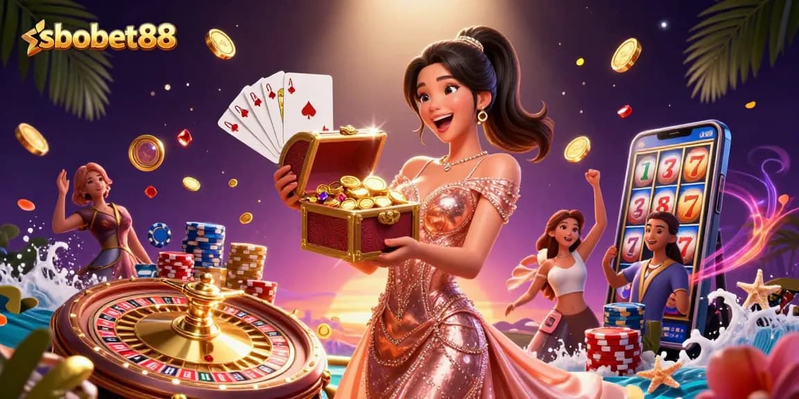 Experience sbobet88 with exciting betting action and treasure in this vibrant casino illustration.