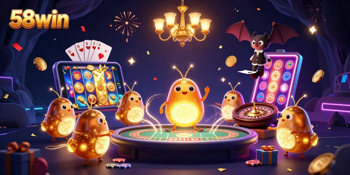 Experience excitement with 58win's vibrant casino scene illuminated by bioluminescent glowworms and dynamic game effects.