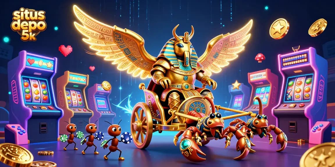 Experience situs depo 5k action with colossal characters and vibrant casino elements in this dynamic 3D scene.