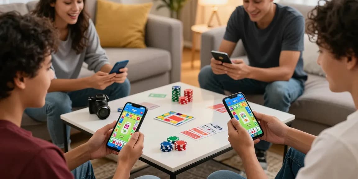Get app Card Rummy: Friends enjoying multiplayer gaming in a vibrant living room.
