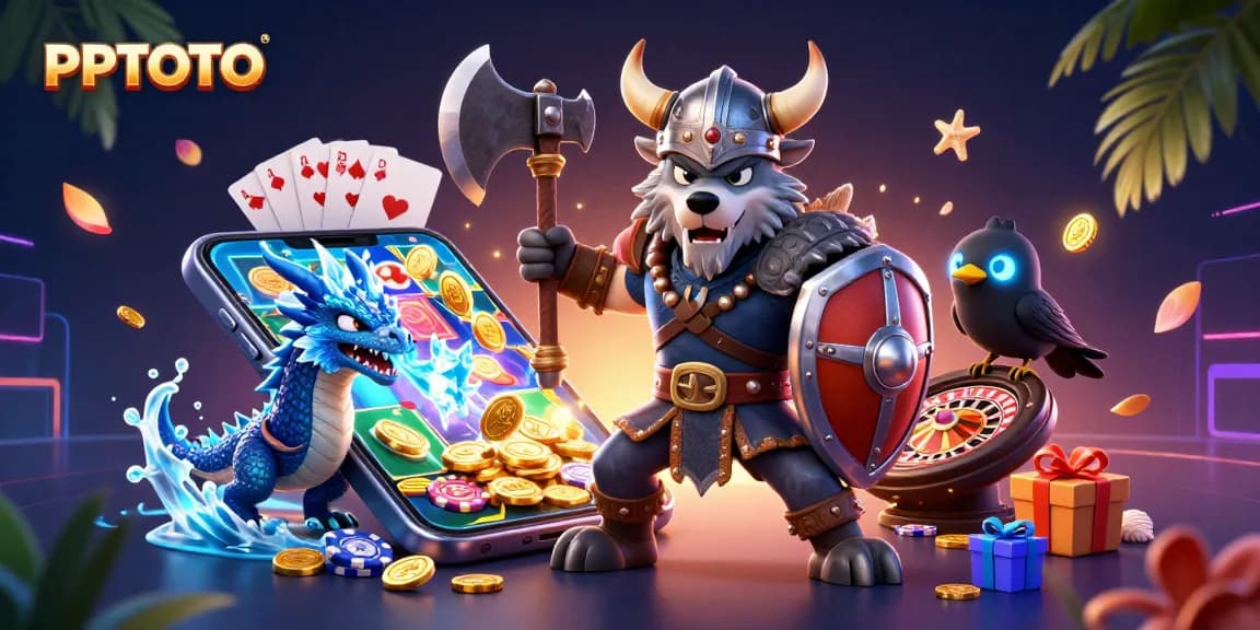 Pengalaman PPTOTO dengan serigala Viking, naga yang garang, dan burung gagak kartun di tengah elemen permainan slot yang menarik.