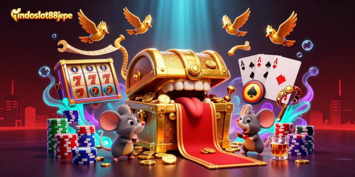 Engaging with the indoslot88jepe treasure chest, adventure mice flock to jackpot symbols amid animated casino excitement.