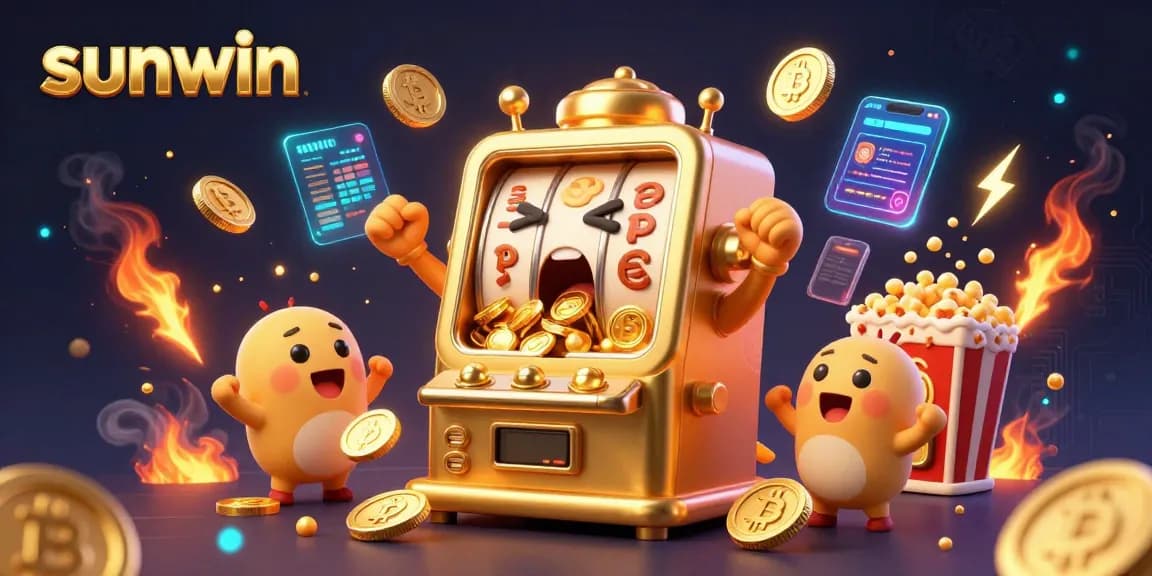 Cheerful slot machines celebrate as sunwin dazzles with a jackpot, surrounded by glowing coins.