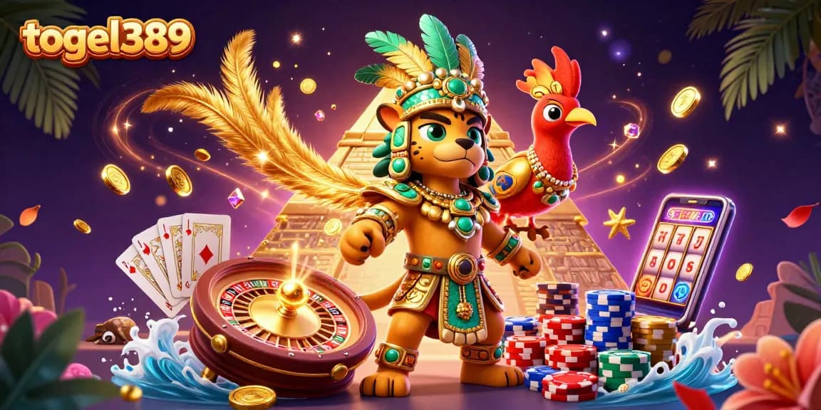 Experience thrilling gameplay with togel389, featuring a Mayan priest, golden coins, and vibrant roulette elements.