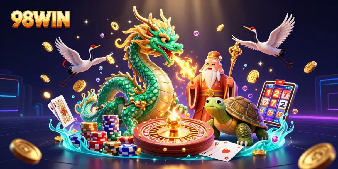 Experience thrilling wins at 98WIN with an epic illustration of a jade dragon and casino elements.
