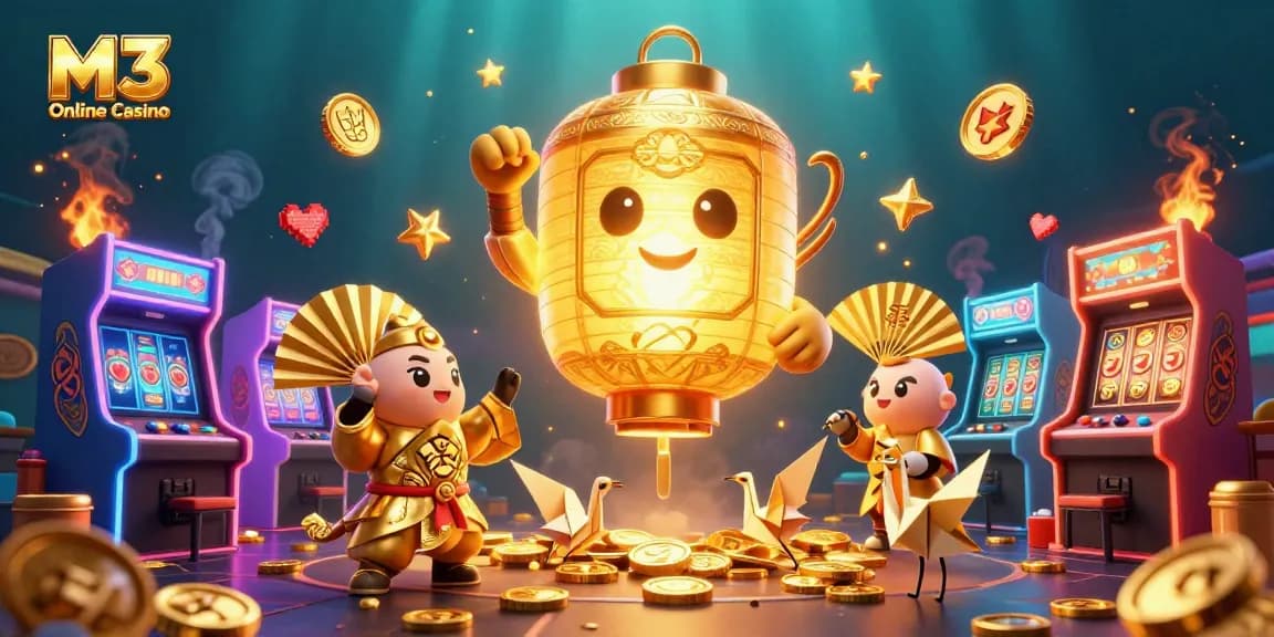 M3 Online Casino features an artful golden lantern spirit surrounded by vibrant gaming elements.