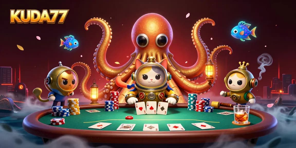 KUDA77 mempersembahkan ilustrasi kasino dengan kraken emas dan ikan bioluminescent di lautan harta.