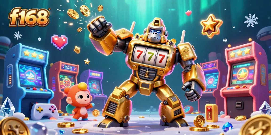 Experience the thrill of winning at f168 with a vibrant 3D illustration of a golden gorilla mech and arcade elements.