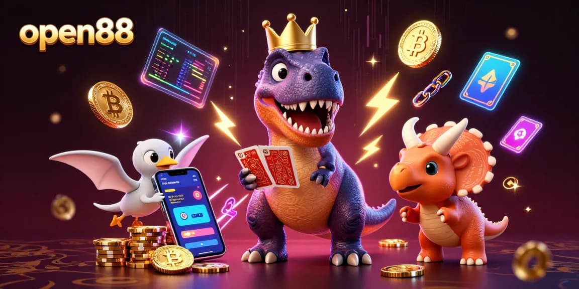 Experience the excitement of open88 with a T-Rex shuffling cards and a triceratops stacking chips in vibrant colors.