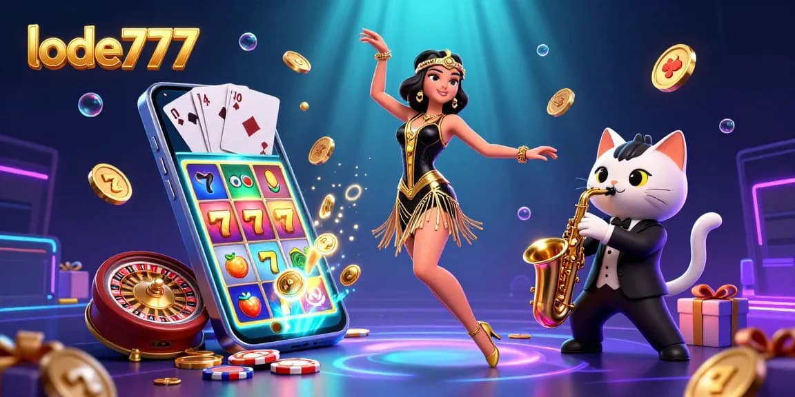 Experience excitement with lode777 as vibrant slot games and dancing characters fill the scene.