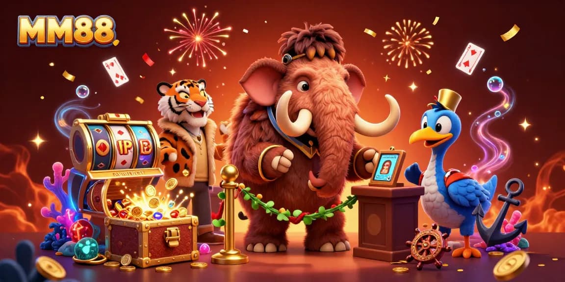 Experience the excitement of MM88 with a vibrant casino scene featuring unique characters and rich game elements.