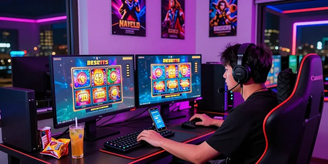 Excited player engaging in online gaming sessions, showcasing deposit pulsa tanpa potongan options on two monitors with colorful lighting.